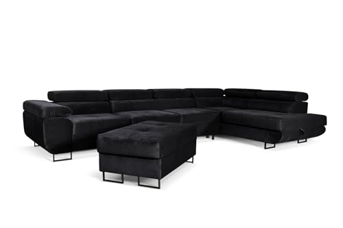 Aller Lang XL Modernes Design Ecksofa mit Schlaffunktion, Bettkasten in Ottomane, Hocker mit Stauraum – Tierfreundlicher Waterproof-Welvet, inkl. 2 runde Kissen, Ottomane rechts. (Schwarz) von SOFILAND