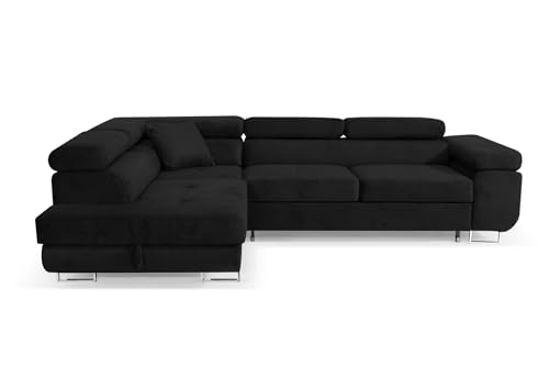 SOFILAND Ecksofa Aller L-Form mit Schlaffunktion und Bettkasten in Jasmine, Links Ottomane (Schwarz) von SOFILAND