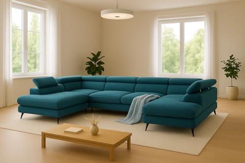 SOFILAND Reno U Ecksofa mit Bettkasten & verstellbaren Kopfstützen – Schlafsofa in U-Form (345×202 cm) – Monolith Stoff, Wasserabweisend, Metallfüße. (Blau) von SOFILAND