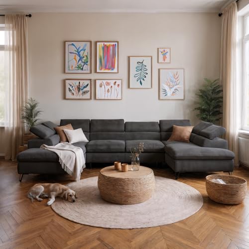 SOFILAND Reno U Ecksofa mit Bettkasten & verstellbaren Kopfstützen – Schlafsofa in U-Form (345×202 cm) – Monolith Stoff, Wasserabweisend, Metallfüße. (Dunkelgrau) von SOFILAND