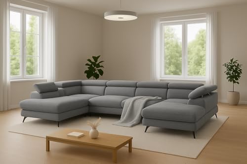 SOFILAND Reno U Ecksofa mit Bettkasten & verstellbaren Kopfstützen – Schlafsofa in U-Form (345×202 cm) – Monolith Stoff, Wasserabweisend, Metallfüße. (Grau) von SOFILAND