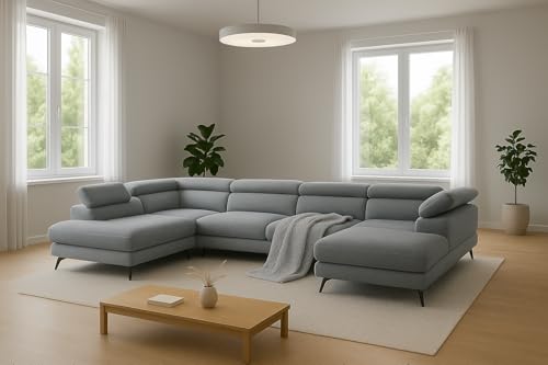 SOFILAND Reno U Ecksofa mit Bettkasten & verstellbaren Kopfstützen – Schlafsofa in U-Form (345×202 cm) – Monolith Stoff, Wasserabweisend, Metallfüße. (Hellgrau) von SOFILAND