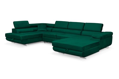 SOFILAND Wohnlandschaft Aller Moon U XXL-Ecksofa mit Schlaffunktion und Zwei Bettkästen. (Grün, Links) von SOFILAND