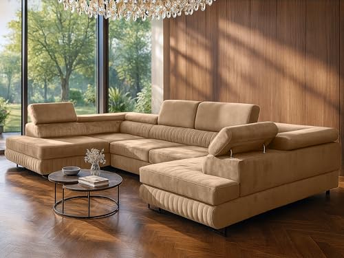 U-Form Ecksofa Magnum U, große Wohnlandschaft mit Schlaffunktion & 2 Bettkästen, wasserabweisend, pflegeleicht & haustierfreundlich, modernes Schlafsofa fürs Wohnzimmer (Beige) von SOFILAND
