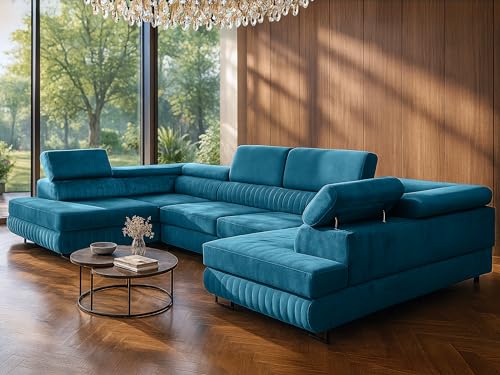 U-Form Ecksofa Magnum U, große Wohnlandschaft mit Schlaffunktion & 2 Bettkästen, wasserabweisend, pflegeleicht & haustierfreundlich, modernes Schlafsofa fürs Wohnzimmer (Türkis) von SOFILAND