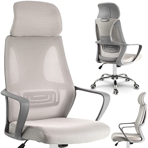 SOFOTEL Praga Bürostuhl ergonomisch Profilierte Rückenlehne Drehstuhl mit Rollen und Neigemechanik verstellbare Kopfstütze Gaming Stuhl Schreibtischstuhl Chefsessel Micro Mesh Beige von SOFOTEL