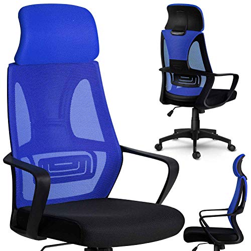 SOFOTEL Praga Bürostuhl ergonomisch Profilierte Rückenlehne Drehstuhl mit Rollen und Neigemechanik verstellbare Kopfstütze Gaming Stuhl Schreibtischstuhl Chefsessel Micro Mesh Blau Schwarz von SOFOTEL