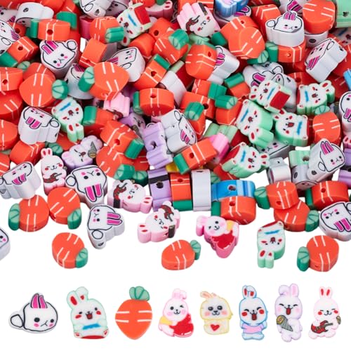 SOFPLATE 1 Box 200 Stück Osterperlen Cartoon Tonperlen Cartoon Kleines Kaninchen Karotte Bunt Handgefertigt Gemischte Tier/Obst Abstandhalterperle Für Die Schmuckherstellung Armbänder Halsketten OSTE von SOFPLATE