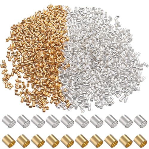 SOFPLATE 1 Box 2000 Stück Schmuck Quetschröhrchen Silberne Quetschperlen Goldene Messingperlen Gleichmäßige Zylindrische Lose Stopper Abstandsperlen Kleine Kordel Endkappen Für Die Schmuckherstellung von SOFPLATE