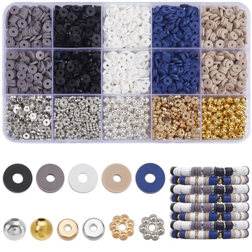 SOFPLATE 1 Box 2800 Stück Freundschaftsarmband Bastelsets Schwarze Weiße Und Graue Tonperlen 6mm Set Aus Ton Heishi Flach Rund Gold Silber Blumen Abstandshalterperlen Für Schmuckarmbänder Bastelzubeh von SOFPLATE