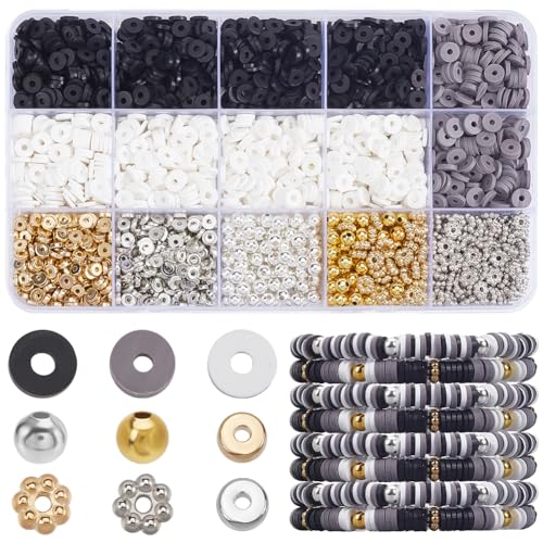 SOFPLATE 1 Box 2800 Stück Set Mit Schwarzen Und Weißen Tonperlen 6mm Sets Zum Basteln von Freundschaftsarmbändern Flache Runde Heishi Scheiben Goldene Und Silberne Blumen Abstandshalterperlen Für Die SOFPLATE 1 Box 2800 Stück Set Mit Schwarzen Und Weißen Tonperlen 6mm Sets Zum Basteln von Freundschaftsarmbändern Flache Runde Heishi Scheiben Goldene Und Silberne Blumen Abstandshalterperlen Für Die von SOFPLATE