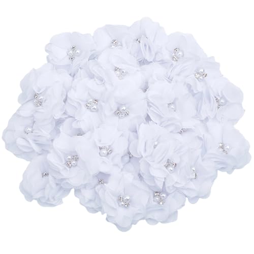 SOFPLATE 1 Box 30 Stück Weiße Chiffon Blumenn Künstliche StoffBlumenn Applikationen Perlen Strass Filzrückseite DIY Bastel Und Nähapplikationen Für Kleidung Haarschmuck Kleiderverzierungen Hochzeitsd von SOFPLATE