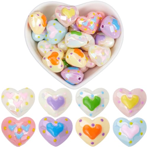 SOFPLATE 1 Box 32 Stück 8 Farben Herz Valentinstagsperlen Handbemalte Acrylperlen Acryl Freihändige UV Beschichtung Bunte Glatte Lose Abstandsperlen Für Schmuck Halsketten Armbänder Stifte Schlüsselan von SOFPLATE