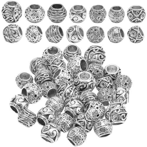 SOFPLATE 1 Box 40 Stück Abstandsperlen Mit Großem Loch Tibetische Metall Abstandsperlen Metalllegierung Antik Silber Runde Abstandshalter Lose Europäische Rondellperlen Großpackung Zur Schmuckherstell von SOFPLATE
