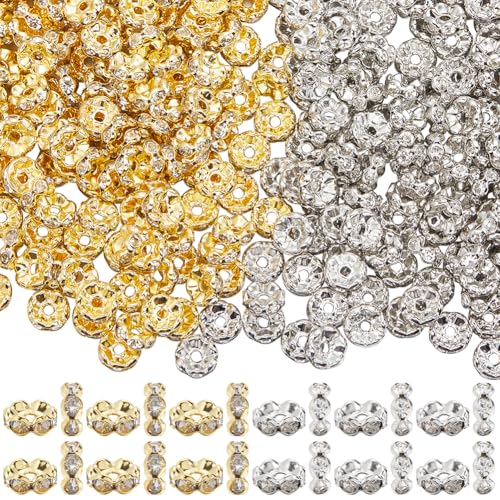 SOFPLATE 1 Box 400 Stück 8mm Strass Abstandsperlen Kristall Rondellperlen Gold/Silber Gewellter Rand Messing Welle Lose Perle Für Schmuckherstellung Zubehör DIY Halsketten Armbänder Ohrringe Perlensti von SOFPLATE