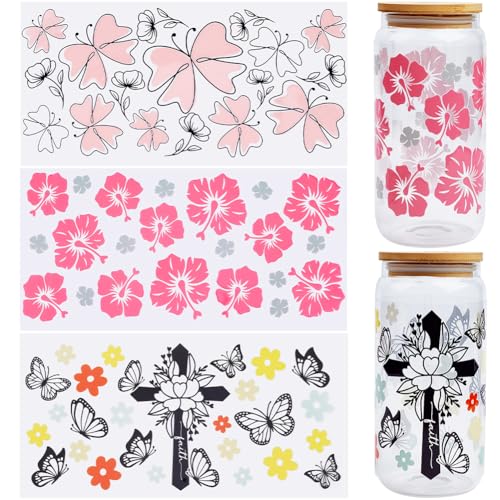 SOFPLATE 1 Box 6 Bögen 3 Stile UV TDF Becherfolie Transfer Becherfolien In Großpackungen Süße Schmetterlings Blumen UVDTF Transferaufkleber Wasserfeste Abziehbilder Für Glasbecher Trinkgläser Wasserfl von SOFPLATE