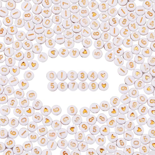 SOFPLATE 1 Box 600 Stück 7x4mm Goldene Runde Zahlenperlen Zahlenherzperlen Acryl Kunststoff Weiß Golden Rund 0 9 Zahlen Symbolmuster Lose Perle Zur Schmuckherstellung DIY Freundschaftsarmband Perlenhe von SOFPLATE