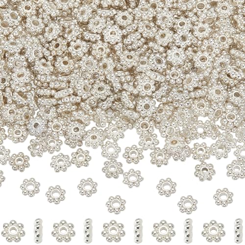 SOFPLATE 1 Box 600 Stück 6mm Tibetische Blumen Perlen Abstandhalter Perlen Silber Lose Metalllegierung Gänseblümchen Retro Kleine Runde Schneeflocken Rondell Perlen Charms Für Die Schmuckherstellung von SOFPLATE