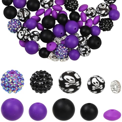SOFPLATE 1 Box 64 Stück Halloween Silikonperlen Verschiedene Größen „Trick Or Treat“ Perlen 15mm 12mm Schwarz Violette Harzkugeln Strass Abstandshalter Für Schmuckherstellung Zubehör DIY Armbänder Bas von SOFPLATE