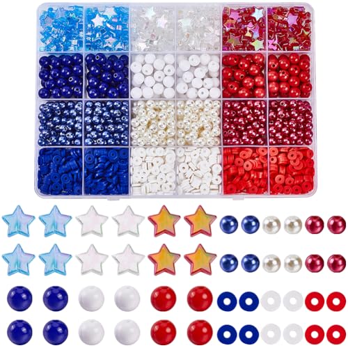 SOFPLATE 1 Box Mit 1900 Stück + Unabhängigkeitstag Perlen 4. Juli Perlen Blau Rot Weiß Rund Kunststoff Acryl Perlenstern Polymer Ton Patriotische Perlen Zur Schmuckherstellung Halsketten Ohrringe Fest von SOFPLATE