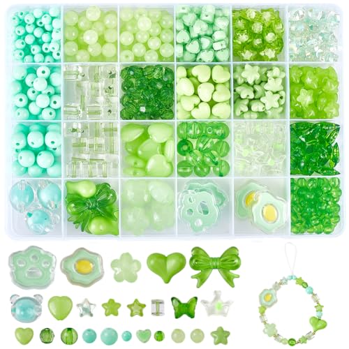 SOFPLATE 1 Box Mit 539 grünen Perlen Verschiedene Größen Süßes Acrylperlen Set Schmetterling Herz Blume Sterne Bär Kawaii Ästhetische Perlen Großpackung Für Schmuckherstellung Zubehör DIY Armbänder Ha von SOFPLATE