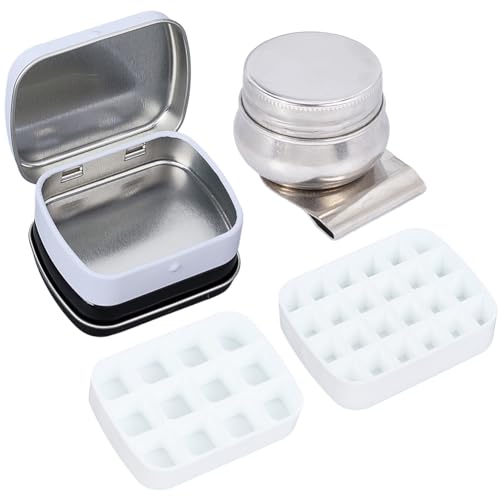 SOFPLATE 1 Set 12 und 16 Well Mini Aquarellpaletten Set Farbaufbewahrungspalettenbox Aus Metall Schwarz Weiß Leerer Wassertopf Mit Clip Tabletts Kleines Malset Für Skizzieren Im Freien Reisebehälter G von SOFPLATE