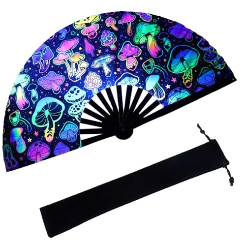 SOFPLATE 1 Stück Großer Neon Rave Fächer Faltbarer Handfächer Aus Bambus Mit Tasche Pilz Fluoreszierendes Klappern Für Musikfestivals Karneval Glow Partys Line Dance Disco Regenbogen Outfit 13.625.2cm von SOFPLATE