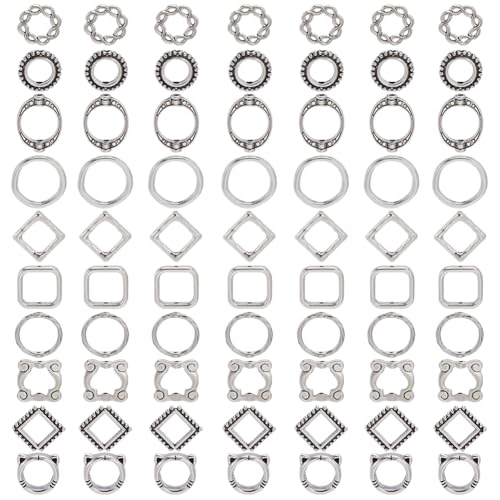 SOFPLATE 100 Stück 10 Stile Perlenrahmenringe Metallrahmenperlen Doppelloch Tibetisches Silber Tiger Raute Donut Quadratisch Blume Legierung Verbindungsperlenrahmen Für Schmuckherstellung Perlenzubehö von SOFPLATE