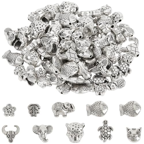 SOFPLATE 100 Stück 10 Stile Tier Abstandshalter Perlen Metall Meeresschildkröte Perle Tibetisch Vintage Antik Silber Blume Rinder Fisch Katze Elefant Perlen Charms Für Die Schmuckherstellung Perlenket von SOFPLATE