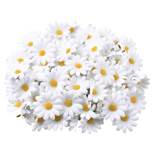 SOFPLATE 100 Stück Stiellose Gänseblümchen Blumennköpfe Künstliche StoffBlumenn Weiß 3D Klein Dekorativ Stoff Blumennblütenköpfe Künstliche SonnenBlumen Für Hochzeit Geburtstag Party Kranz Girlande He von SOFPLATE