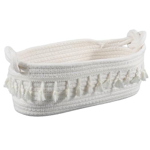 SOFPLATE 12.6 x 6.9 x 4 Zoll Weiße Baumwollkörbe Boho Gewebter Korb Kleine Makramee Seilquaste Aufbewahrungsbox Im Bohemian Stil Für Zuhause Schlafzimmer Kinderzimmer Wohnzimmer Eingangsbereich DIY De von SOFPLATE