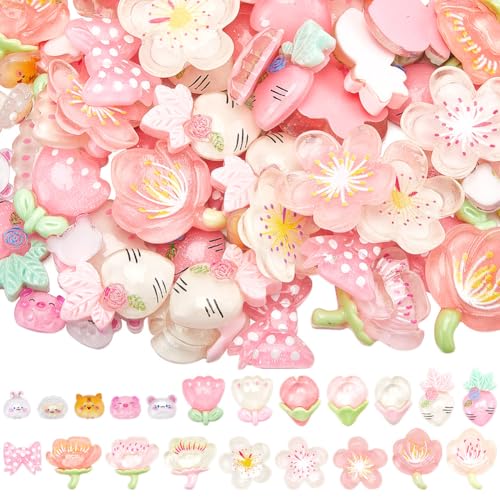 SOFPLATE 120 Stück 7 Stile Kawaii Cabochons Slime Charms Blumen Verschiedene Flache Rückseite Transparente Tiere Süßer Tiger Kaninchen sakuras Blumen Schleifen Karotten Cabochon Für DIY Bastelarbeiten von SOFPLATE