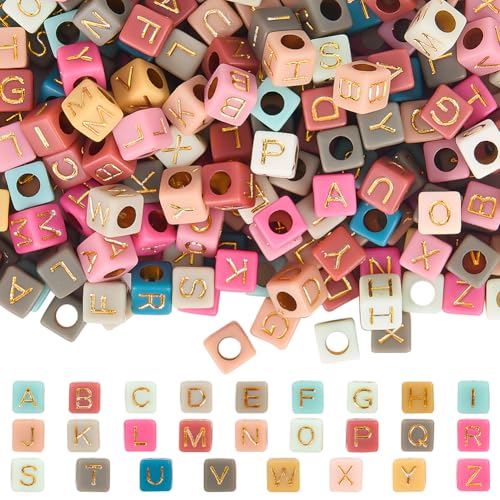SOFPLATE 1400 Stück Goldene Buchstabenperlen Würfel Alphabet Perlen 6x6mm Acryl Quadratisch 3.5mm Loch AZ Buchstaben Lose Bastelperlen Zum Auffädeln von Freundschaftsarmbändern Schmuckherstellung Hal von SOFPLATE