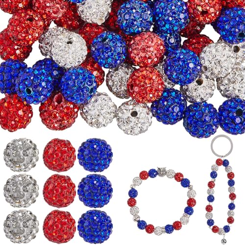 SOFPLATE 150 Stück 3 Farben Strass Kugelperlen Rot Weiß Blau 10mm Pavé Fassung Glänzende Runde Kugel Unabhängigkeitstag Funkelnde Polymer Ton Abstandsperle Für Perlenstifte Armbänder Halsketten Dekor von SOFPLATE