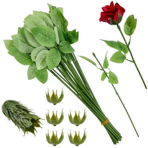 SOFPLATE 20 Rosenstiele Mit Blättern Und 20 Blütenkelche Set Aus Künstlichem Kunststoff Blumenndraht DIY Bastelstrauß Blütenkelche Für Blumennarrangements Blumennsträuße Hochzeitsfeiern Floristenbedar von SOFPLATE