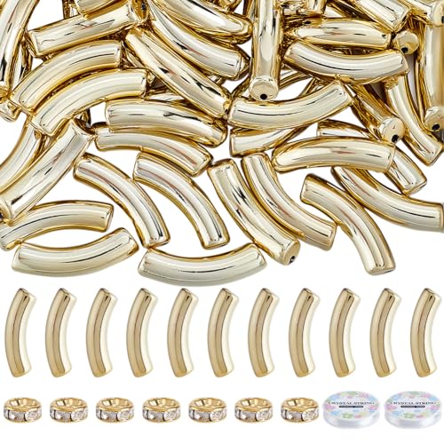 SOFPLATE 240 Stück Goldfarbene Gebogene Röhrenperlen Bambusperlen Röhrenperlen Acryl Undurchsichtige Nudel Messing Strass Mit 2 Rollen Faden Abstandshalter Lose Perlen Sets Für Die Schmuckherstellung von SOFPLATE