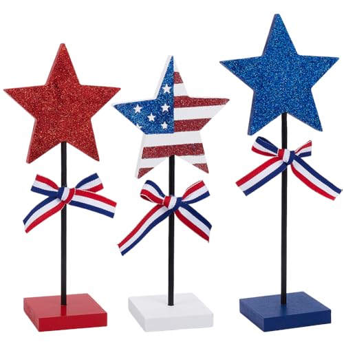 SOFPLATE 3 Stück Holzdekor Zum 4 Juli Patriotische Tischdekoration Unabhängigkeits Steh Holzstern Amerikanische Flagge Block Gestuftes Tablett Ornament Sets Für Das Amerikanische Gedenkfest Heimtischd von SOFPLATE