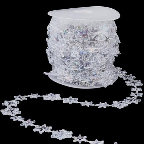 SOFPLATE 32.8 Fuß/10 m Weihnachtsperlenbesatz Kristallgirlandenperlen Großpackung Weißer Kunststoff Gelötete Schneeflockenförmige Klare Perlenbesätze Mit Spule Für Hochzeits Weihnachts Und Partydeko von SOFPLATE