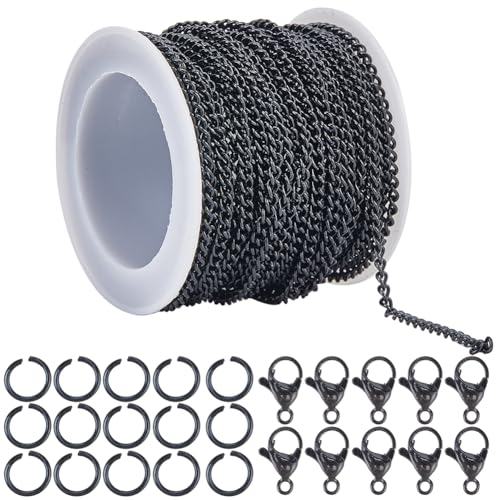 SOFPLATE 33 Fuß/10 m 3.5mm Kabelgliederkette Eisenkettenglieder In Großpackung Mit Spule Und 20 Karabinerverschlüssen Und 50 Biegeringen Schwarzes Panzerketten Set Zum Basteln von Armbändern Und Halsk von SOFPLATE