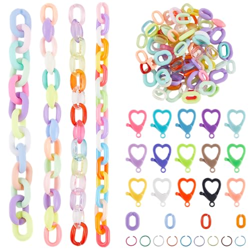 SOFPLATE 475 Stück Gliederketten Aus Acryl Verbindungsringe Für Schmuck Mit Karabinerverschlüssen Oval Verschiedene Bunte Transparente Offene Schnellverbindungs Verbindungssets Für Die Schmuckherstell von SOFPLATE