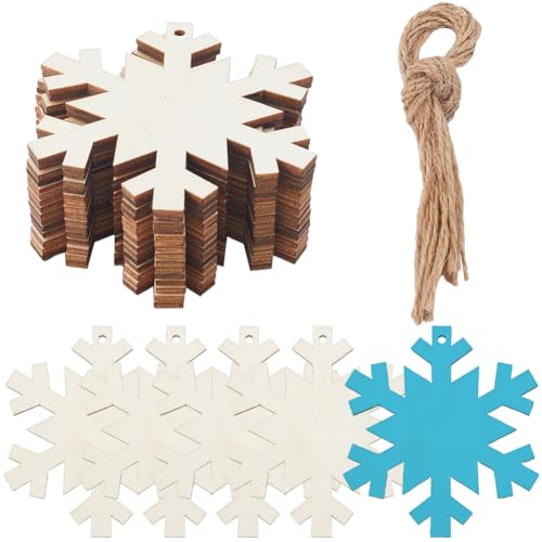 SOFPLATE 50 Stück 3 Zoll Große Schneeflocken Ornamente Aus Holz Weihnachtsschmuck Aus Holz Zum Selbermachen Natürliche Unlackierte Bemalbare Blanko Ausschnitte Verzierungen Mit Juteschnur Für Bastel M von SOFPLATE
