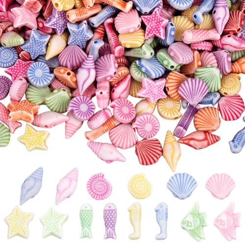 SOFPLATE 500 Stück Acryl Muschelperlen Meerestierperlen Sommerperlen Verschiedene Strandfische Seesterne Kleine Bunte Strandbastelperlen Lose Abstandsperlen Zur Schmuckherstellung Halsketten Armbänder von SOFPLATE