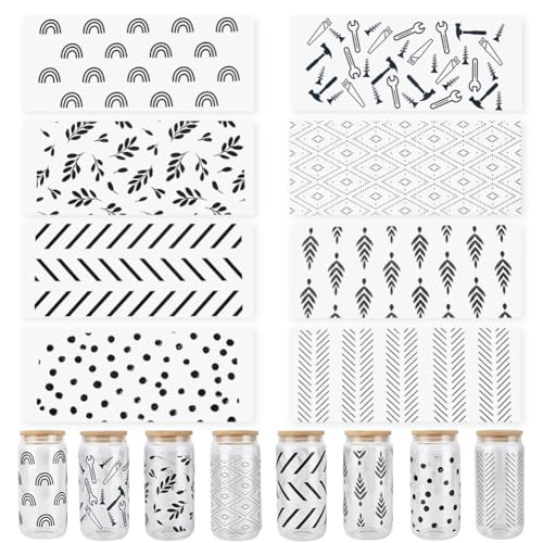 SOFPLATE 8 Blatt 8 Stile Glasbecher Aufkleber Abziehbilder UV DTF Flaschenverpackung Transfer Schwarz Weiße Linie Blatt Kunststoff Wasserdicht Personalisierte Dekorative Etiketten Für 16 Oz Glas Wasse von SOFPLATE