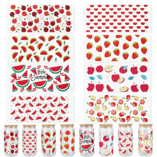 SOFPLATE 8 Blatt 8 Stile Obst UV DTF Becherfolien Glasbecher Aufkleberfolie Sommerrot Wassermelone Erdbeere Transferkunststoff Wasserdichte Dekorative Aufkleber Für 16 Oz Glasflaschen Trinkgläser Holz von SOFPLATE