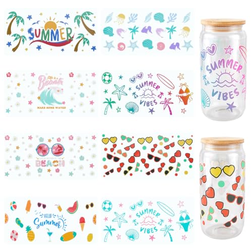 SOFPLATE 8 Stück 8 Stile Sommer Becherverpackungen Aufkleber Für Glasbecher Großpackung Transparenter Kunststoff Urlaubs Meer Ozean Strand Muster Transfer Wasserfeste Aufkleber Für Trinkgläser Holz von SOFPLATE