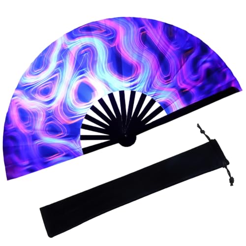 SOFPLATE Großer Faltbarer Rave Fächer Handfächer Bunt Bambusstoff Vintage Retro Stoff Faltbar Chinesische Dekorative Handfächer Mit Samtbeutel Für Line Dance Festivals Partys Regenbogen Outfits von SOFPLATE