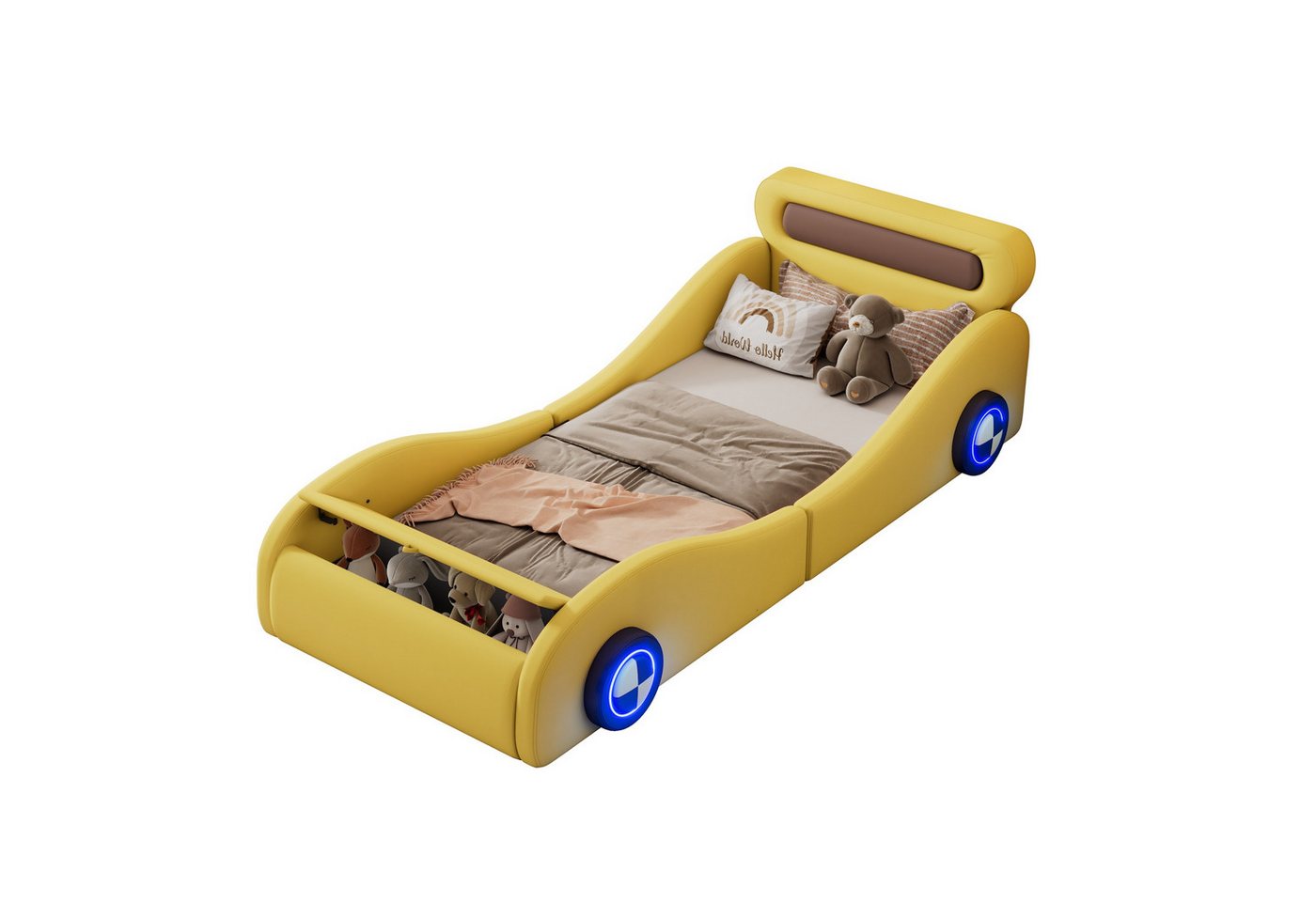 SOFTWEARY Autobett mit Lattenrost und leuchtenden Rädern (90x200 cm), Kinderbett, Rausfallschutz, Kunstleder von SOFTWEARY