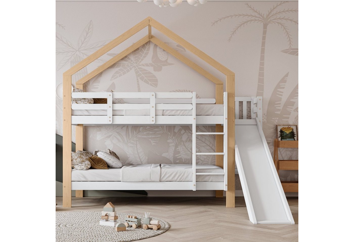 SOFTWEARY Etagenbett (mit 2 Schlafgelegenheiten, Lattenrost, Rutsche und Leiter, 90x200 cm), Kinderbett mit Rausfallschutz von SOFTWEARY