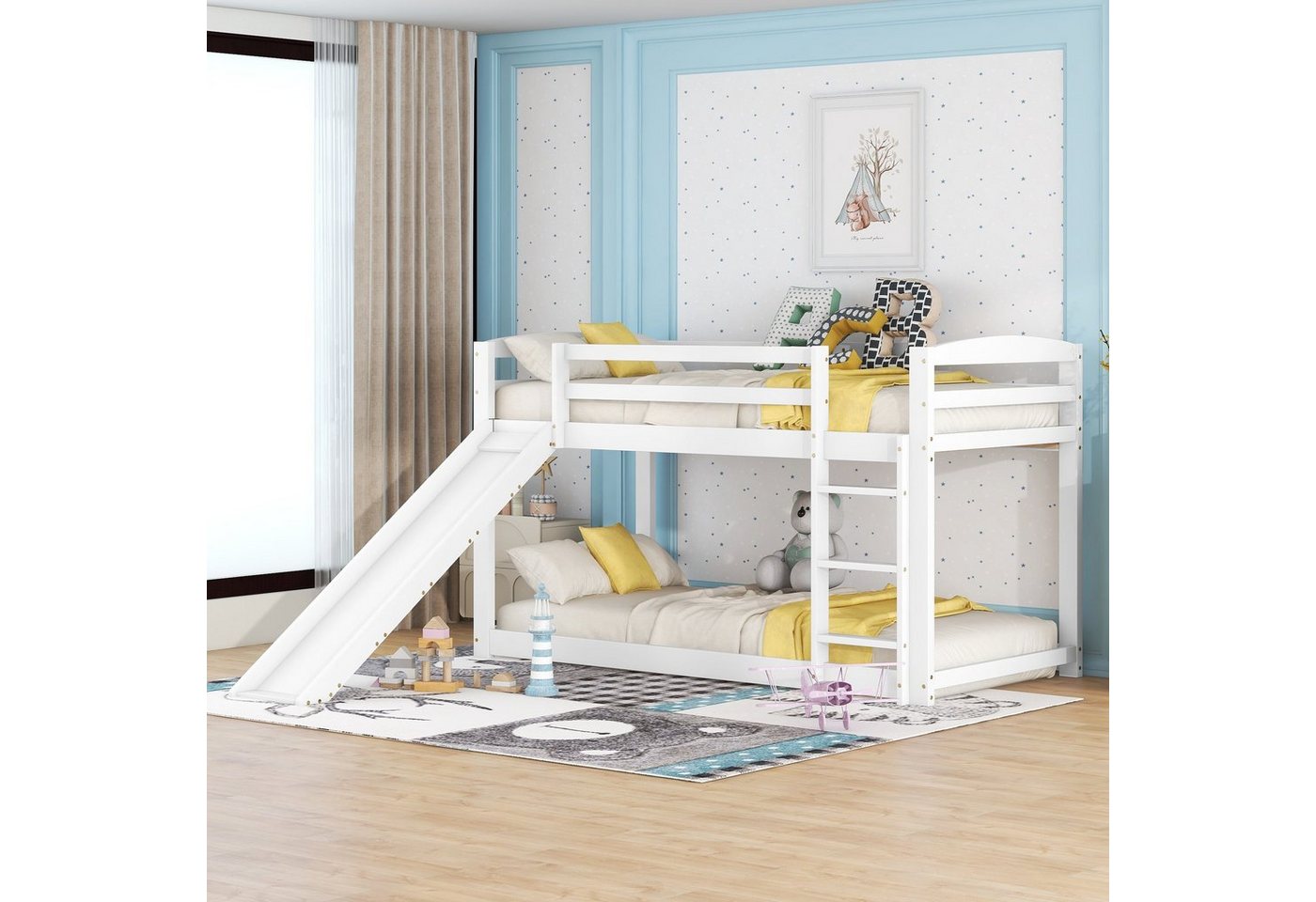SOFTWEARY Etagenbett (mit 2 Schlafgelegenheiten, inkl. Lattenrost und Rutsche, 90x200 cm), Kinderbett mit Rausfallschutz, Kiefer von SOFTWEARY