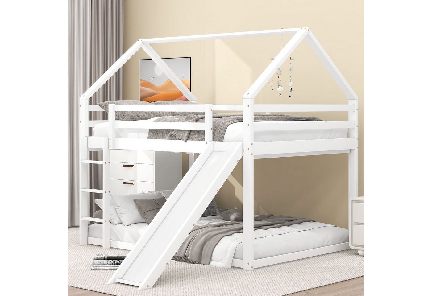 SOFTWEARY Etagenbett mit 2 Schlafgelegenheiten und Lattenrost (140x200 cm), Holzbett aus Kiefer, Kinderbett mit Rausfallschutz von SOFTWEARY